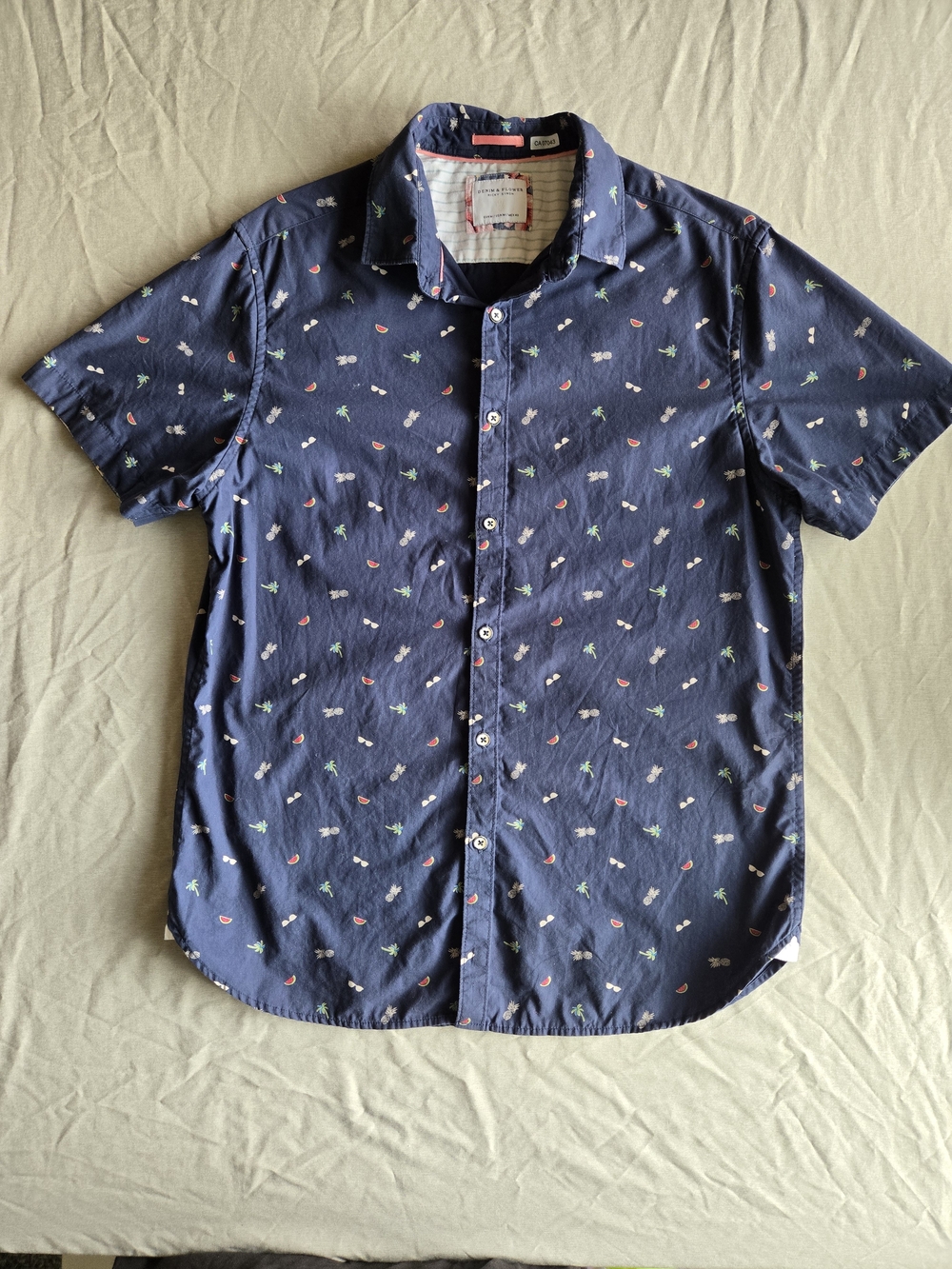 Denim & Flower Navy Short-Sleeve Button-Down Shirt with Multicolor Micro Prints